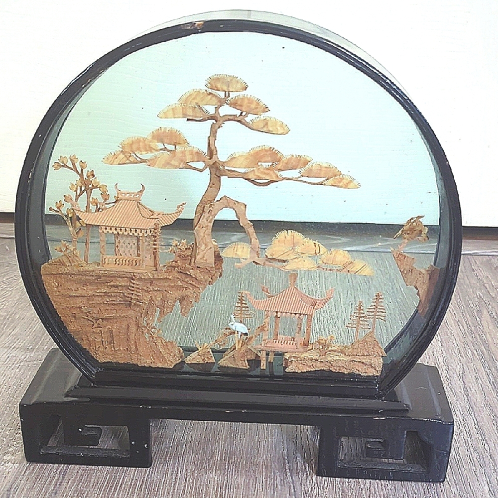 Vintage Chinese Hand Carved Cork Diorama